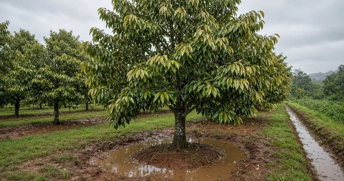 ต้นทุเรียนในสวนหลังฝนตก มีน้ำขังรอบโคนต้น ใบปลายกิ่งซีดและเหี่ยวลู่ลง สัญญาณเสี่ยงโรครากเน่าโคนเน่า